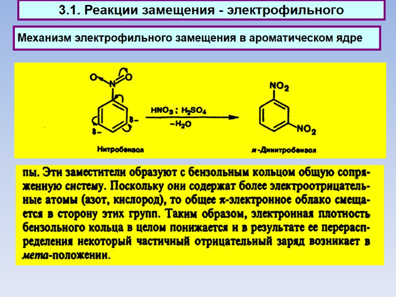 Механизм электрофильного замещения в ароматическом ядре  3.1. Реакции замещения - электрофильного